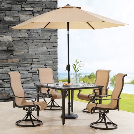 Hanover Brigantine 5 -PC Aluminum Framed PVC and Polyester Outdoor Dining Set with Umbrella Bronze / Tan