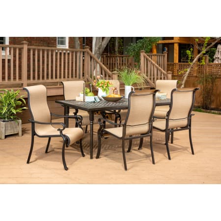 Hanover Brigantine Seven Piece Aluminum Framed Fabric Outdoor Dining Set with Sling Chairs Tan