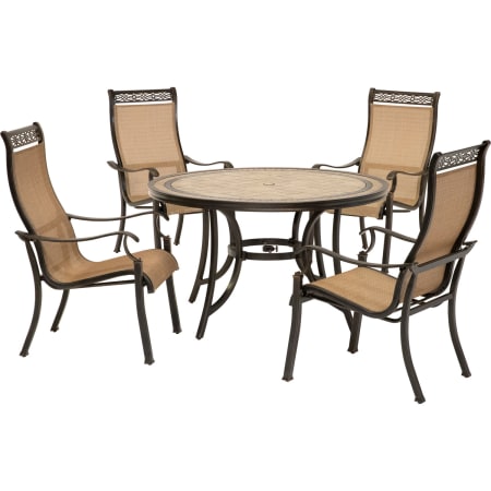 Hanover Monaco 5-Piece Aluminum Framed Outdoor Dining Set with Sling Arm Chairs and Umbrella Compatible Round Stone Tabletop and Arm Chairs Cedar