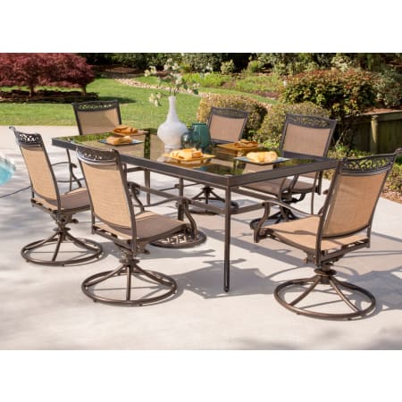 Hanover Fontana Seven Piece Aluminum Framed Fabric Outdoor Dining Set with Swivel Chairs Tan