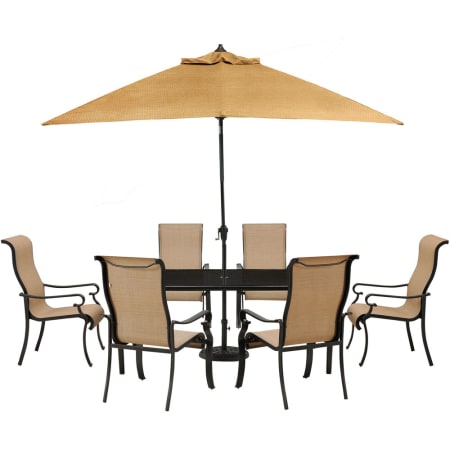 Hanover Brigantine 7-Piece Aluminum Framed Outdoor Dining Set with Rectangular Glass Tabletop, Umbrella, and Textaline Fabric Arm Chairs Bronze / Harvest Wheat