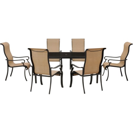 Hanover Brigantine 7-Piece Aluminum Framed Outdoor Dining Set with Umbrella Compatible Rectangular Glass Tabletop and Textaline Fabric Arm Chairs Bronze / Harvest Wheat