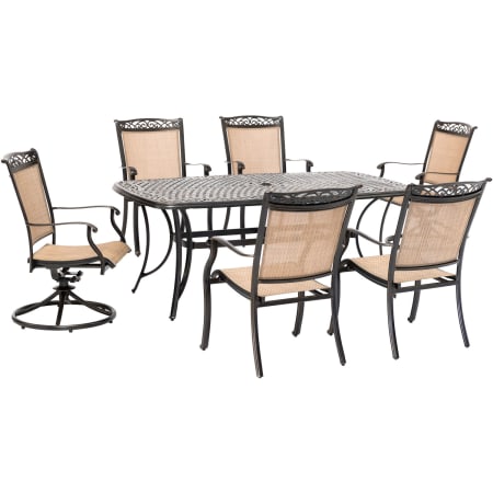 Hanover Fontana 7 Piece Aluminum Framed PVC Upholstered Outdoor Dining Set with Two Swivel Rockers Tan