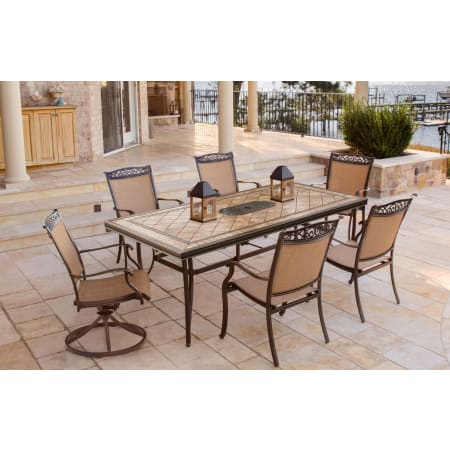 Hanover Fontana (7) Piece Outdoor Dining Set with (6) Sling Back Chairs and Tile Top Table Tan