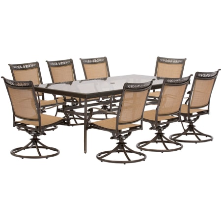 Hanover Fontana Nine Piece Aluminum Framed Fabric Outdoor Dining Set with Swivel Chairs Tan