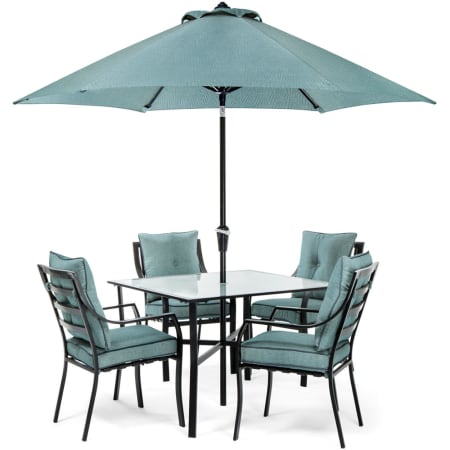 Hanover Lavallette Five Piece Steel Framed Outdoor Dining Set with Umbrella Gray / Ocean Blue