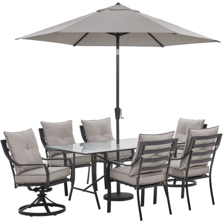 Hanover Lavalette 7 -PC Steel Framed Olefin Outdoor Dining Set with Umbrella Silver Linings