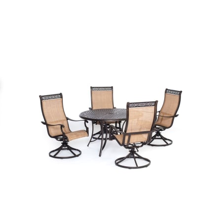 Hanover Manor 5-Piece Aluminum Framed Outdoor Dining Set with Umbrella Compatible Round Aluminum Tabletop and Swivel Rocking Chairs Cedar