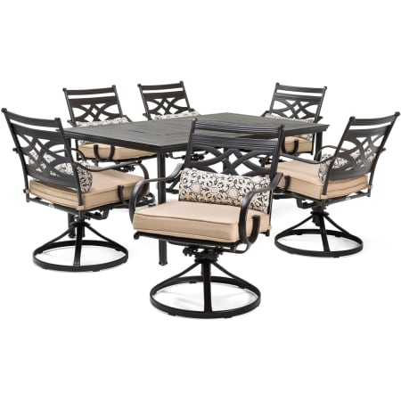 Hanover Montclair Seven Piece Steel Outdoor Dining Set with Swivel Rocking Chairs Tan