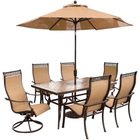 Hanover Monaco Seven Piece Aluminum Framed Fabric Outdoor Dining Set with Umbrella Tan