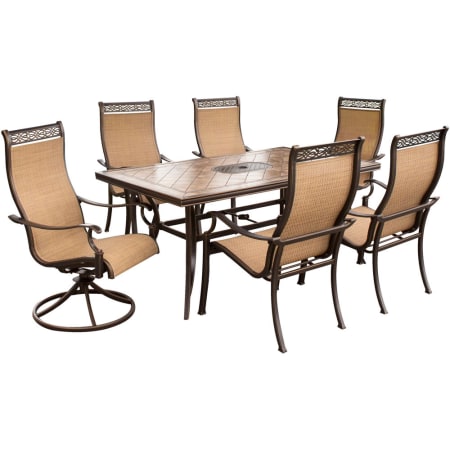 Hanover Monaco 7-Piece Aluminum Framed Outdoor Dining Set with Umbrella Compatible Rectangular Porcelain Tile Tabletop and Arm Chairs Cedar