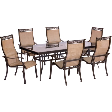 Hanover Monaco Seven Piece Aluminum Framed Fabric Outdoor Dining Set with Glass Top Tan