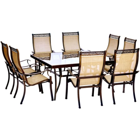 Hanover Monaco Nine Piece Aluminum Framed Fabric Outdoor Dining Set with Glass Top Tan