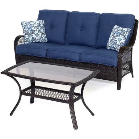 Hanover Orleans 2-Piece Steel Framed Resin Wicker Outdoor Sofa Set with Tempered Glass Top Coffee Table Brown / Navy