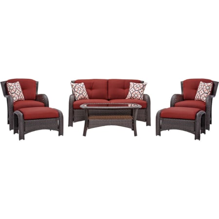 Hanover Strathmere 6-Piece Steel Framed Polyethylene Wicker Outdoor Conversation Set with Tempered Glass Top Coffee Table Crimson Red