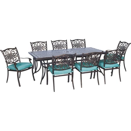 Hanover Traditions Nine Piece Aluminum Framed Outdoor Dining Set with Cushions Blue