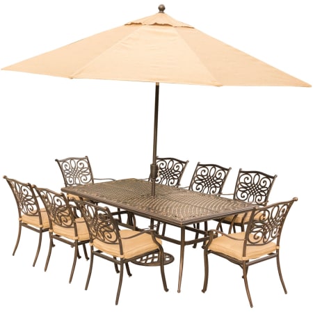 Hanover Traditions Nine Piece Aluminum Framed Polyester Outdoor Dining Set with Umbrella Tan