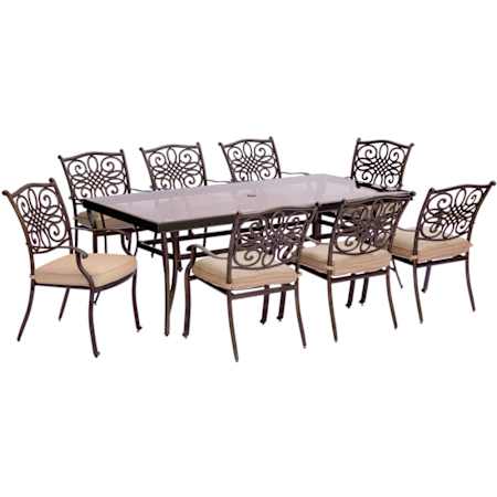 Hanover Traditions Nine Piece Aluminum Framed Polyester Outdoor Dining Set Tan