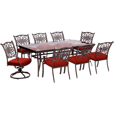 Hanover Traditions Nine Piece Aluminum Framed Polyester Outdoor Dining Set with Long Glass Top Red