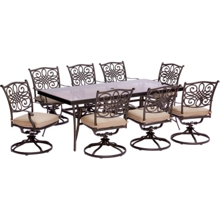 Hanover Traditions Nine Piece Aluminum Framed Polyester Outdoor Dining Set with Swivel Chairs Tan