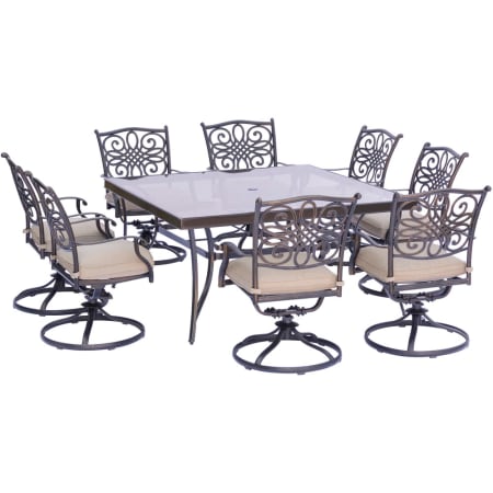 Hanover Traditions Nine Piece Square Aluminum Framed Polyester Outdoor Dining Set Tan