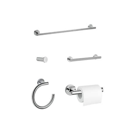 Hansgrohe Logis 5 Piece Bathroom Package with Towel Bar, Robe Hook, Towel Ring, Toilet Paper Holder, and Grab Bar Chrome