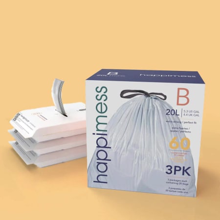 happimess Custom Fit 60 Count 5.3 Gallon (20 Liter) Capacity Drawstring Trash Can Liners - 3 Packs of 20 Clear