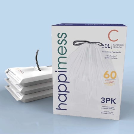 happimess Custom Fit 60 Count 13.2 Gallon (50 Liters) Capacity Drawstring Trash Can Liners - 3 Packs of 20 White