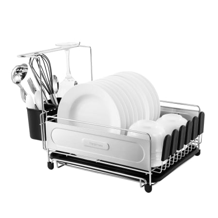 happimess Compact 17.25" Fingerprint-Proof Stainless Steel Dish Drying Rack with Wine Glass Holder Black