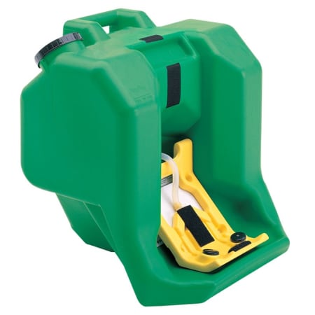 Haws 16-gallon capacity gravity operated portable eyewash, supplied with one bottle of bacteriostatic additive. Plastic