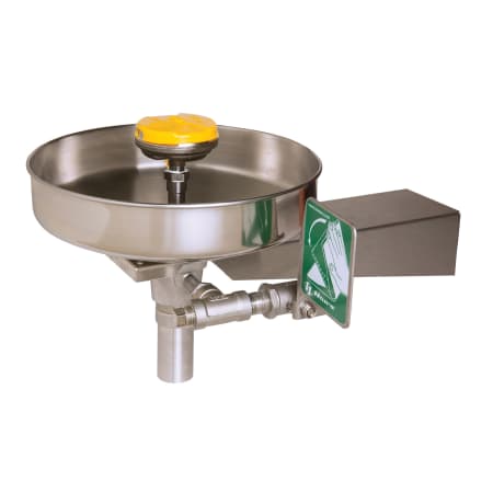 Haws Wall-mounted eye/face wash with face spray ring and dust cover, with all stainless steel components. Stainless Steel