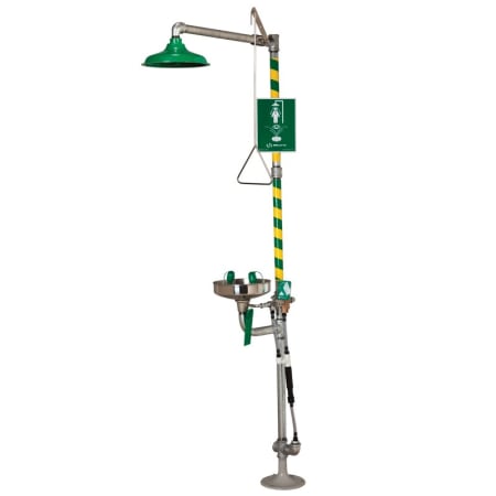 Haws Combination shower and Soft-Flo eyewash, with stainless steel receptor and freeze protection bleed valve. Stainless Steel