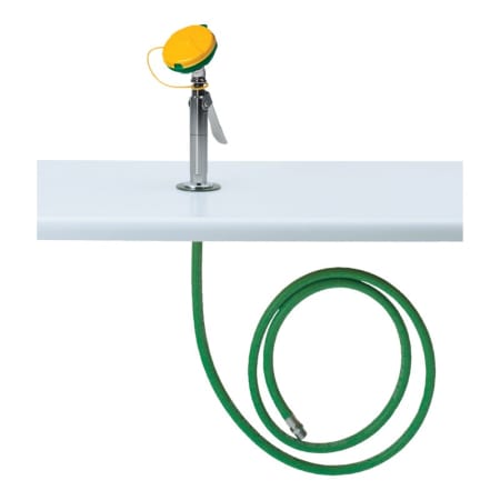 Haws Counter-mounted eye/face wash with AXION MSR™ eye/face wash and body spray head, with 8-foot green hose. Chrome