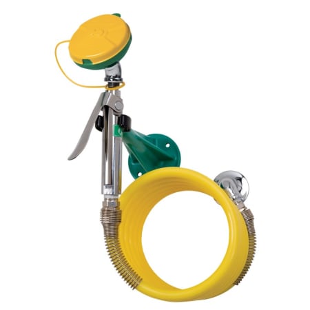 Haws Wall-mounted eye/face wash with AXION MSR™ eye/face wash and body spray head, with 12-foot yellow recoil hose. Chrome-Plated Brass