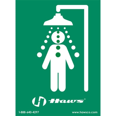 Haws Vertical universal emergency shower sign. Size: 8" x 10-3/4". Plastic