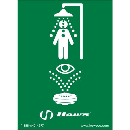 Haws Vertical universal combination emergency shower and eyewash sign. Size: 8" x 10-3/4". Plastic