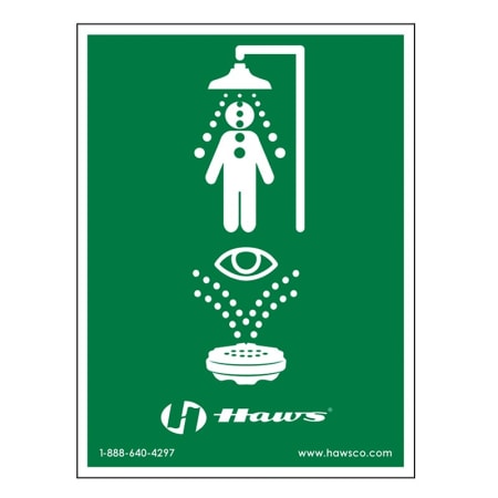 Haws Large vertical universal combination emergency shower and eyewash sign. Size: 18" x 24". Plastic