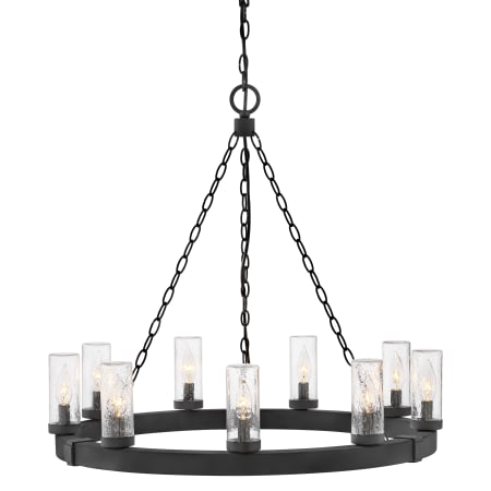 Hinkley Lighting Sawyer 120v 9 Light 30" Wide Outdoor Wrought Iron Ring Chandelier with Seedy Glass Shades Black