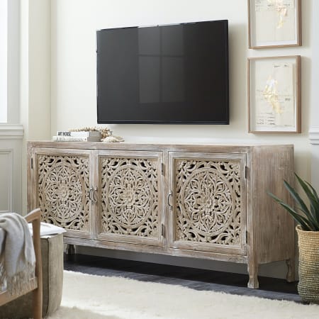 Hooker Furniture Tikal 80" Wide Carved Medallion Moroccan Farmhouse Entertainment Media TV Console Cream Glazed Mango