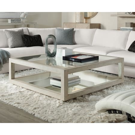 Hooker Furniture Cascade 52" Square Casual Luxury Cocktail Coffee Table with Burlap Wrap Accent and Tempered Glass Top Pebble Beach Burlap