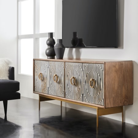 Hooker Furniture Melange Russell 67" Wide 4 Door Eclectic Bohemian Modern Home Entertainment TV Media Cabinet Console Medium Wood / Bone