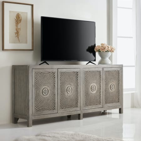Hooker Furniture Melange 84" Wide 4 Door Bohemian Farmhouse Home Entertainment TV Media Cabinet Credenza Natural Gray