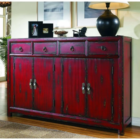 Hooker Furniture 59" Wide Asian Inspired Tall-Waisted Console Cabinet Distressed Rich Red