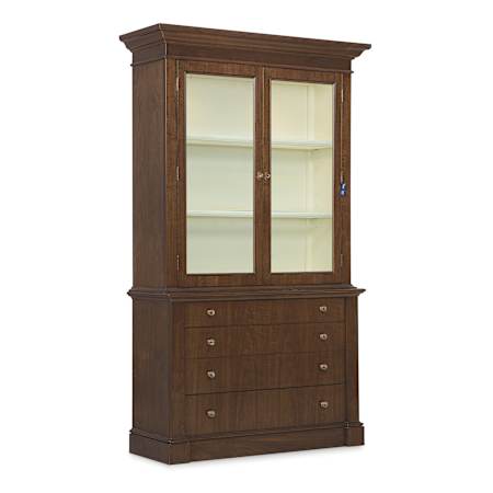 Hooker Furniture Archives 55" Wide 4 Drawer Glass and Veneer Display Cabinet Classic Walnut / Cream / Satin Brass