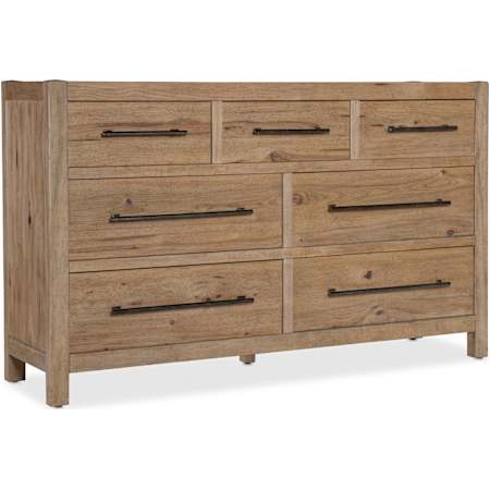 Hooker Furniture Vineyard Row 70" Wide 7 Drawer Hickory and White Oak Wood Storage Furniture with Self-Closing Drawers Sonoma / Rustic Hammered Metal