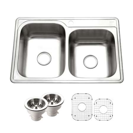 Houzer Glowtone 33" Drop In Double Basin Stainless Steel Kitchen Sink with Basin Rack and Basket Strainer Stainless Steel