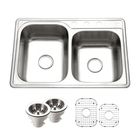Houzer Glowtone 33" Drop In Double Basin Stainless Steel Kitchen Sink with Basin Rack and Basket Strainer Stainless Steel