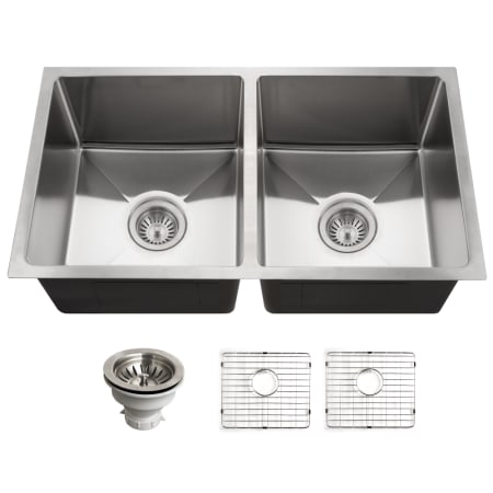 Houzer Nouvelle 31" Undermount Double Basin Stainless Steel Kitchen Sink with Basin Rack and Basket Strainer Stainless Steel