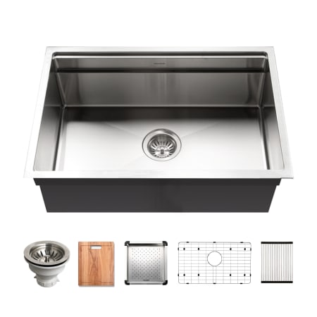 Houzer Novus 26" Undermount Single Basin Stainless Steel Kitchen Sink with Basin Rack, Basket Strainer and Cutting Board Stainless Steel