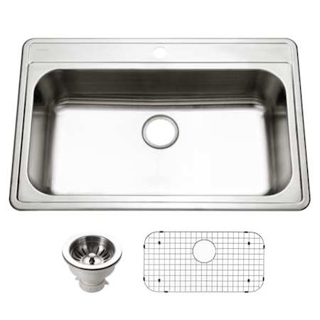 Houzer Premier 33" Drop In Single Basin Stainless Steel Kitchen Sink with Basin Rack and Basket Strainer Stainless Steel